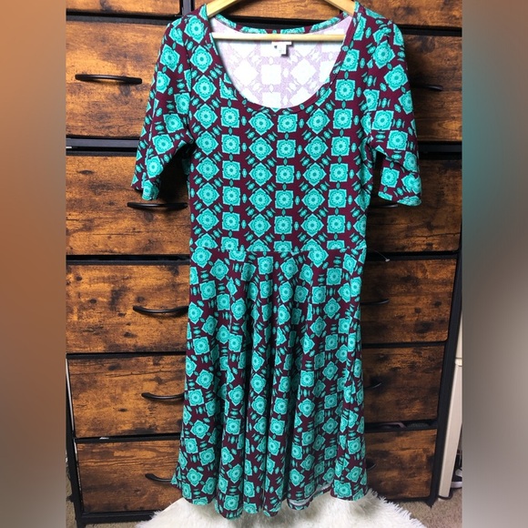 LuLaRoe Teal and Burgundy Geometric Midi Dress - Picture 5 of 14